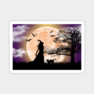 Mystical Witch, Black Cat, Full Moon Magnet