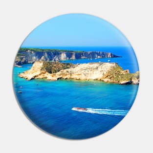 Panorama from Tremiti Islands with a motorboat cruising the Adriatic Sea, island and ridge Pin