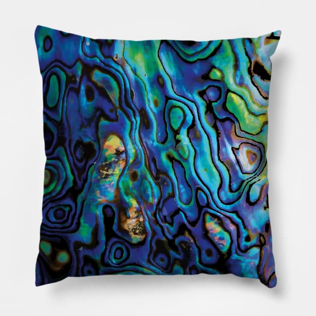 New Zealand Paua Abalone Blue Green Yellow Sea Shell Natural Pattern Pillow by Ciara Shortall Art