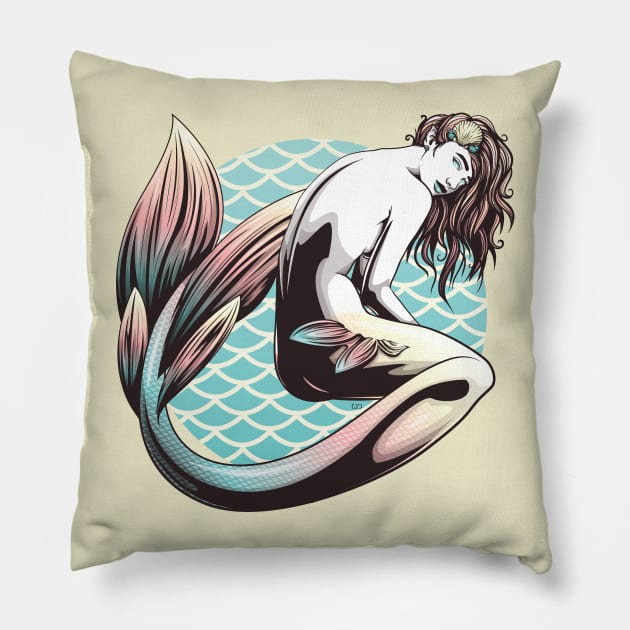 Yellow, Orange, and Blue Mermaid Pillow by redappletees