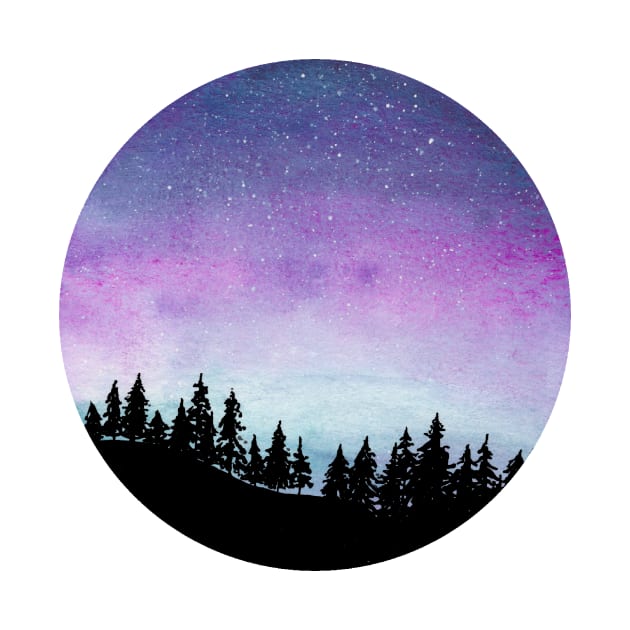 Purple and Blue Galaxy Sky - Watercolour Landscape with Tree Silhouette by Flowering Words