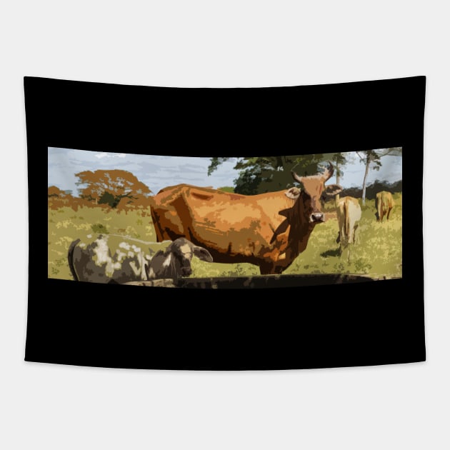 cow in the field Tapestry by rickylabellevie