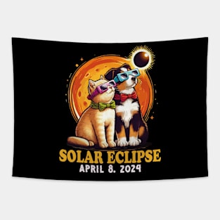 Solar Eclipse April 2024 Dog and Cat Wearing Solar Eclipse Glasses Tapestry