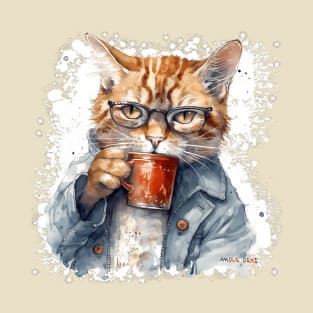 Grumpy Hangover Cat in Glasses Coffee Cup T-Shirt