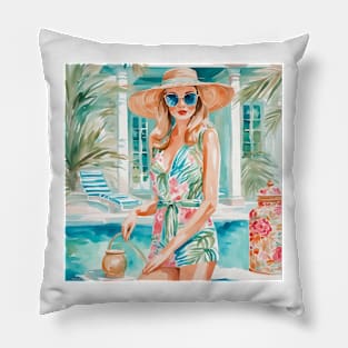 Girl in preppy outfit near the swimming pool Pillow