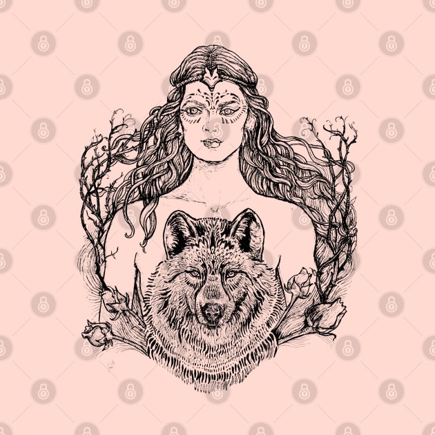 Woman with Wolf - Black and White Drawing by FanitsaArt