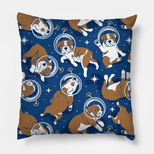 Sleepy astronaut // pattern // classic blue background white and bronze English Bulldogs goldenrod yellow antennas Pillow