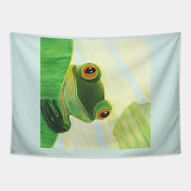 A frog lurking behind a leaf Illustration Tapestry by Julia Doria Illustration