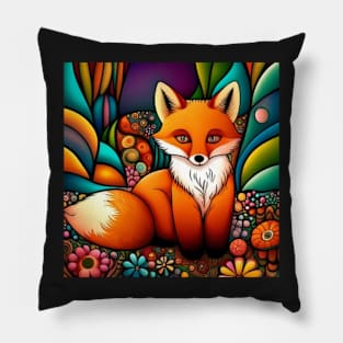 Folk Art Fox With Flowers Pillow