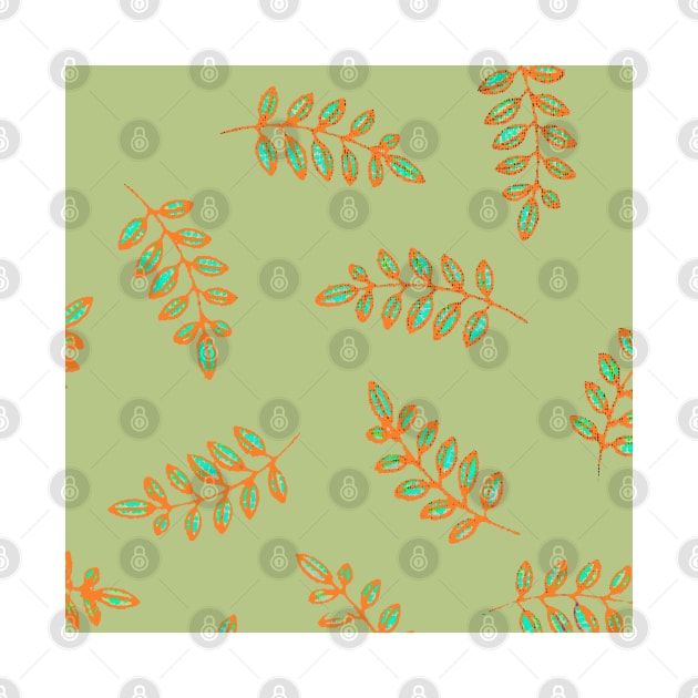 Speckled Leaf Print in sage green, orange, teal blue by djrunnels