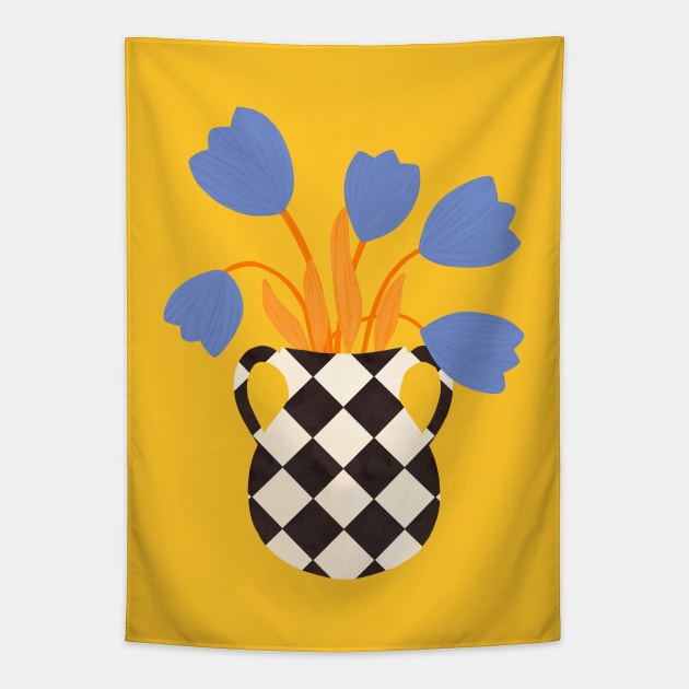 Checkered vase and tulips Tapestry by Elbuenlimon