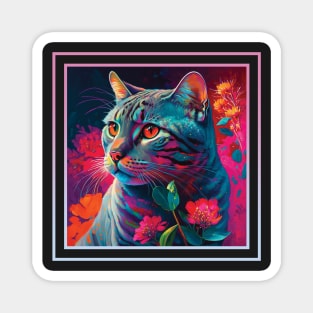 Longing Egyptian Mau Cat Floral Vibrant Tropical Digital Oil Painting Pet Portrait Magnet