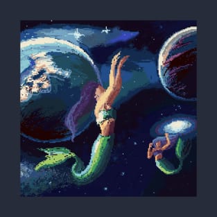 Mermaids swimming through space pixel art T-Shirt