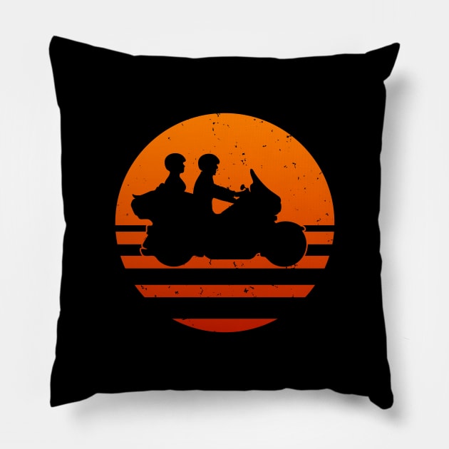 Retro Touring Motorcycle Couple Sunset Pillow by hobrath