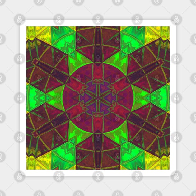 Mosaic Kaleidoscope Flower Green Yellow and Purple Magnet by WormholeOrbital