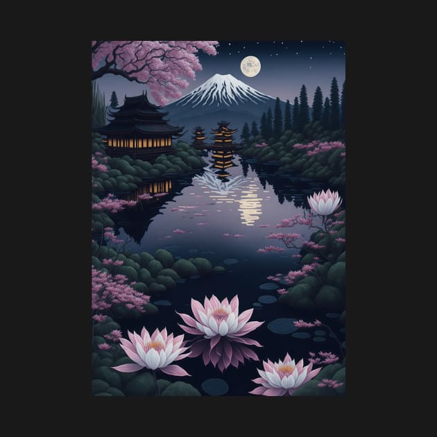 Serene Mount Fuji Sunset - Peaceful River Scenery - Lotus Flowers by star trek fanart and more