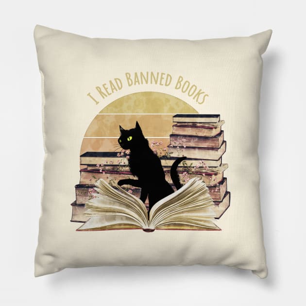 Black Cat reading a banned books, watercolor sunset style, flowers growing from book, cats and books lovers Pillow by Collagedream