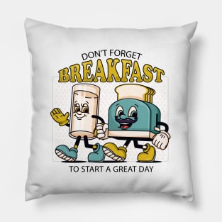 Don't Forget Breakfast, a retro mascot of a toaster and a glass of milk Pillow