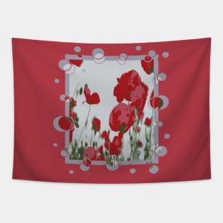 Artistic Botanical Red Poppies With Fun Border Tapestry