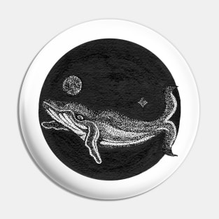 Hand inked whale with moon and northern light in the deep black ocean Pin