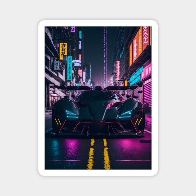 Dark Neon Sports Car in Japanese Neon City Magnet by star trek fanart and more