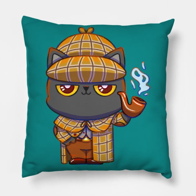 Cute Sherlock Holmes Kitty Cat Pillow by Sardoodles