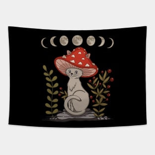 Cottagecore Aesthetic Cat With Mushroom Hat Tapestry