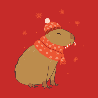 Christmas capybara in red scarf and hat T-Shirt