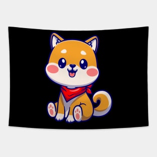 Cute Shiba Inu Dog Sitting With Scarf Cartoon Tapestry