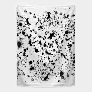 Black and White Paint Splat and Cat Pattern Tapestry