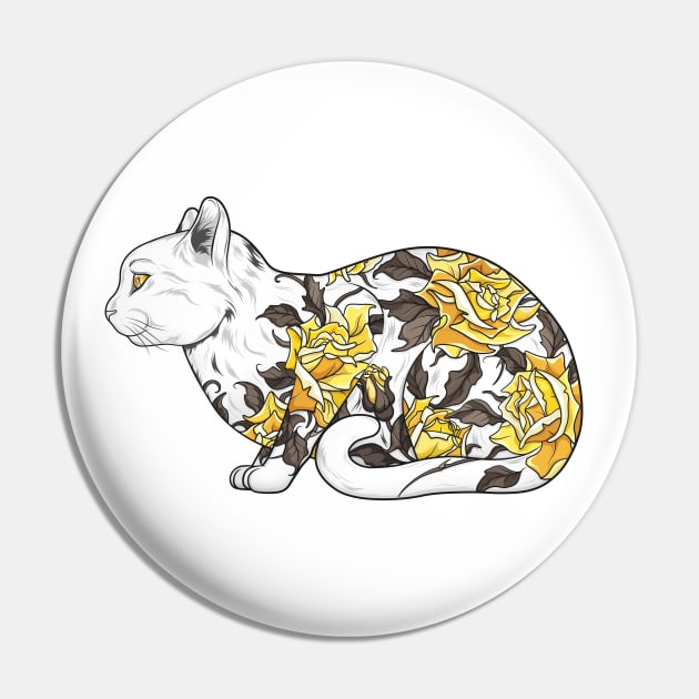 Cat in Yellow Roses Tattoo Pin by runcatrun