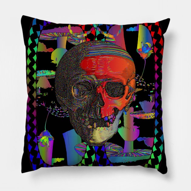 Trippy Psychedelic Skull Colorful Mushroom Skeleton Pillow by blueversion