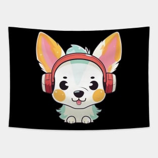 Cute little dog wearing a headphones listening to music Tapestry