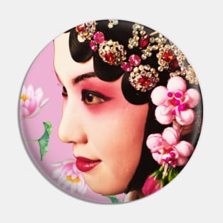 Chinese Opera Star with Lotus Flowers & Geometric Pattern- Hong Kong Retro Pin