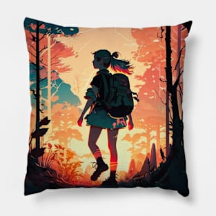 Girl trekking in the woods with a beautiful sunset effect. Pillow