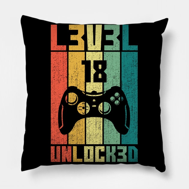 Level 18 Unlocked Vintage Gamer 18th Birthday Gift Pillow by Alex21