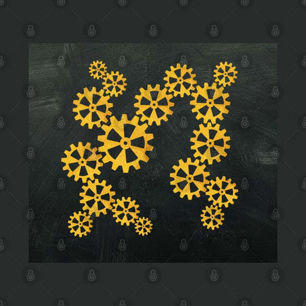 Golden steampunk gears on a gray background by Purrfect