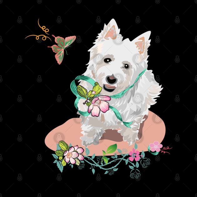 Western highland terrier dog with flowers butterflies by LizzyizzyDesign