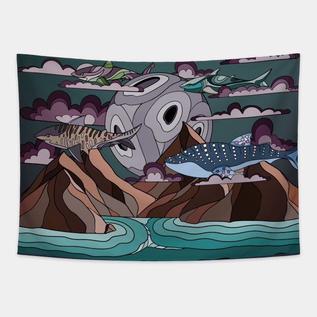 school of sharks in the sky Tapestry by Bagaz