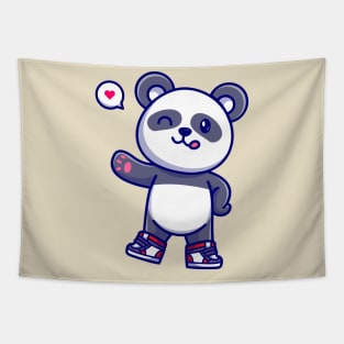 Cute Panda Wearing Shoes And Waving Hand Cartoon Tapestry