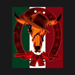 Mexico Flag Oeste Western Bull Skull Horseshoe T-Shirt