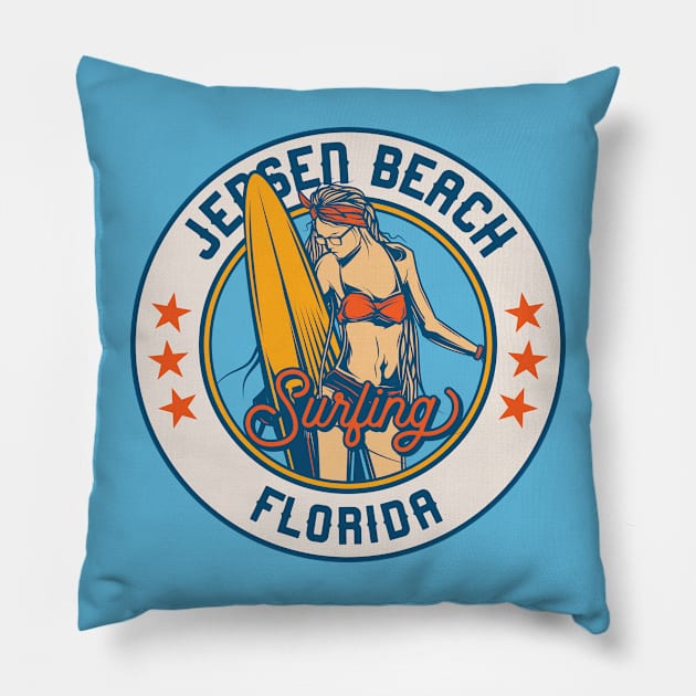 Vintage Surfing Badge for Jensen Beach, Florida Pillow by SLAG_Creative