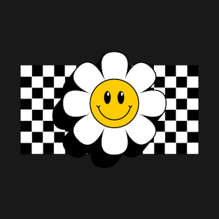 Retro Smiley Daisy Flower Emoji with Chess Board Black and White T-Shirt