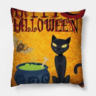 Happy Halloween Black Cat & Bat Pillow