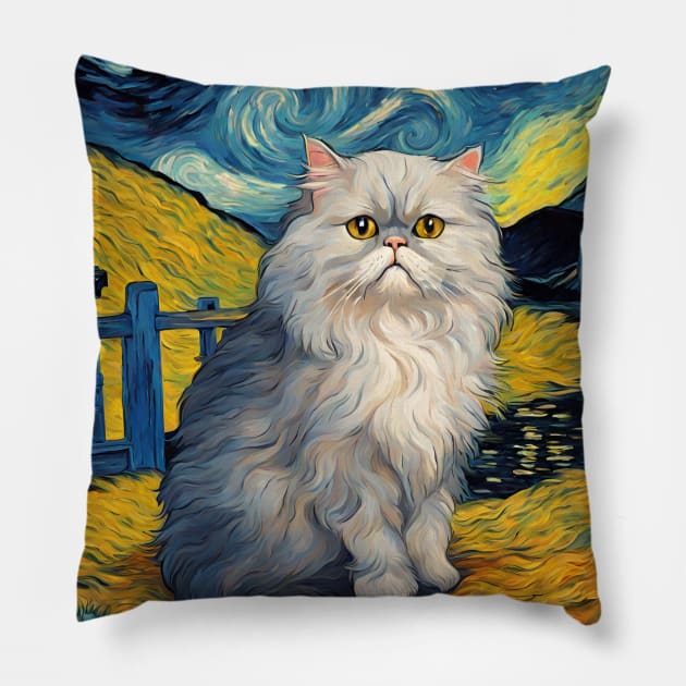 Persian Cat Breed Portrait Painting in a Van Gogh Starry Night Art Style Pillow by Art-Jiyuu