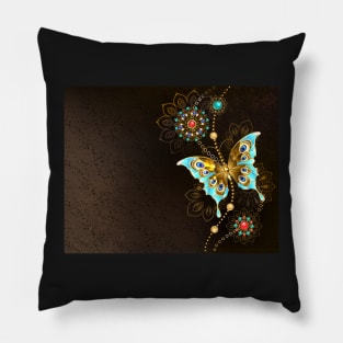 Brown Background with Turquoise Butterfly Pillow