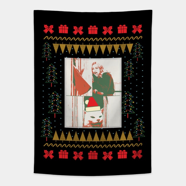 Table Cat Santa Hat Ugly Christmas Sweater Tapestry by okpinsArtDesign