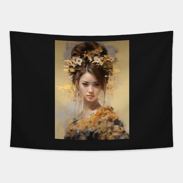 Japanese Girl With Flowers in Her Hair Tapestry by kansaikate