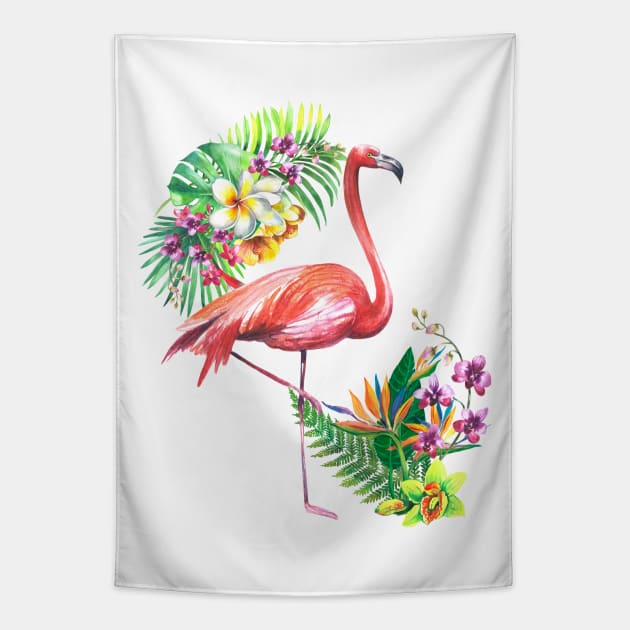 Pink Flamingo and Tropical Flowers Watercolor Art Tapestry by AdrianaHolmesArt