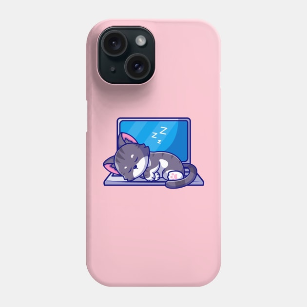 Cute Cat Sleeping On Laptop Cartoon Phone Case by Catalyst Labs